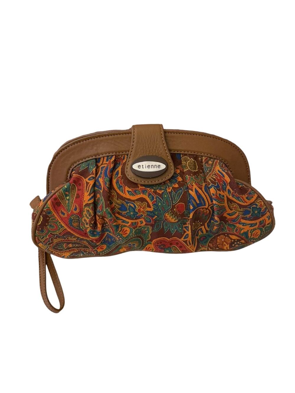 Etienne Aigner Leather Paisley Clutch Wristlet Brown Multicolor Boho Fall NEW